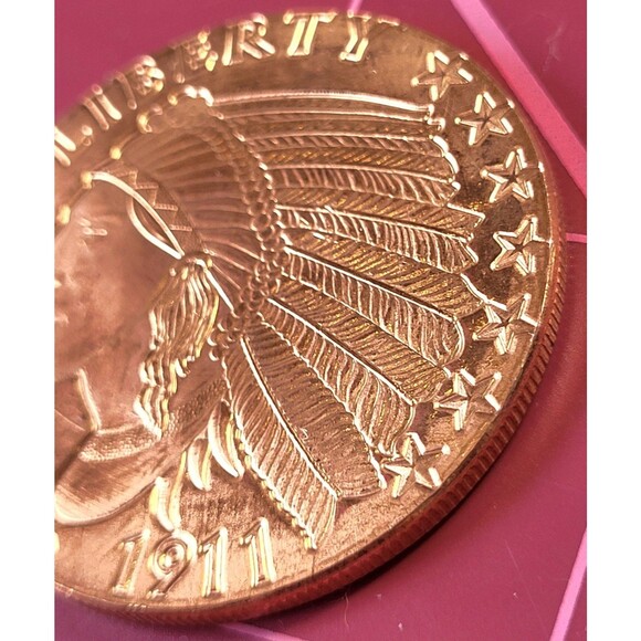 1 oz .999 Fine Copper Round  Incuse Indian Chief 1911 Standing Eagle Design - Picture 7 of 8